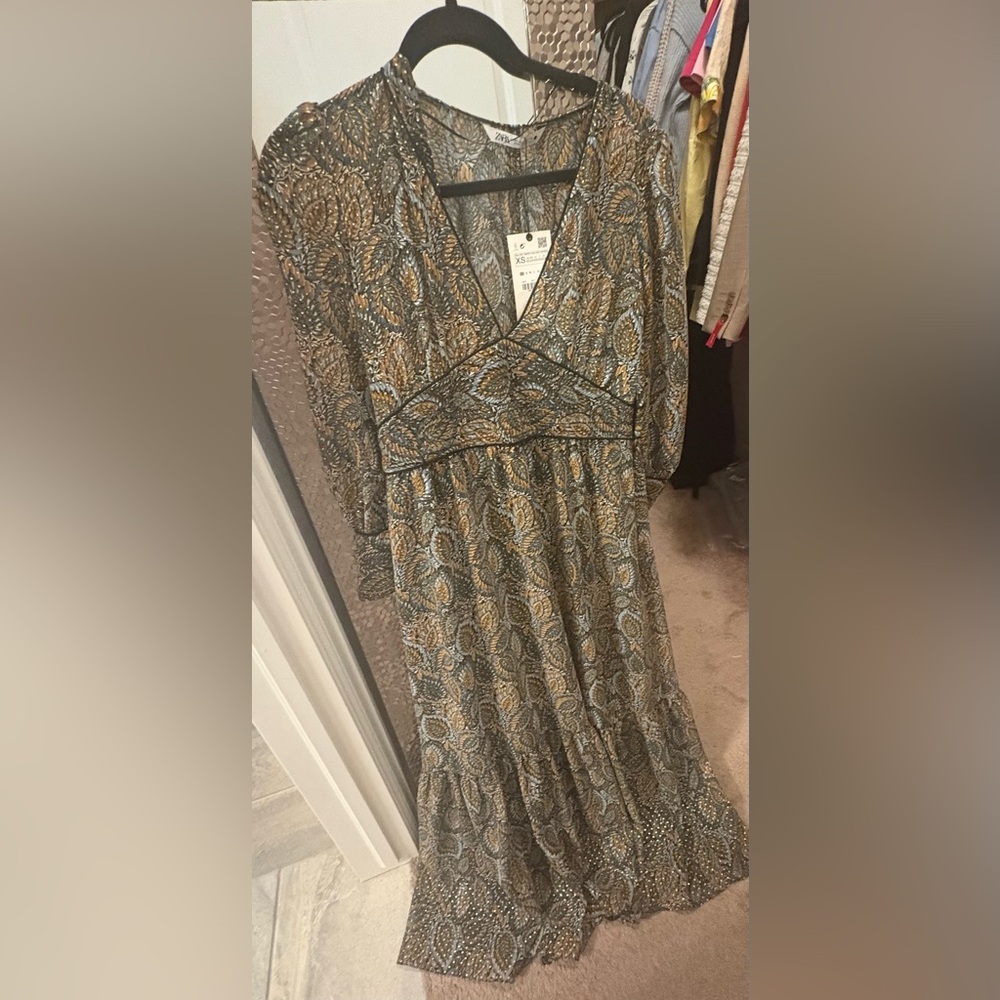 Zara Blue and Gold Leaf Pattern Maxi Dress